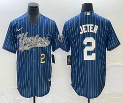 Nike New York Yankees #2 Derek Jeter Blue Throwback Joint Gold #2 on front Stitched MLB Jersey