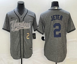 Nike New York Yankees #2 Derek Jeter Hemp grey Joint Gold #2 on front Stitched MLB Jersey