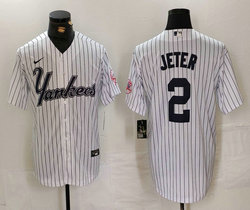 Nike New York Yankees #2 Derek Jeter White Stripe 3(III) With Name Joint Stitched MLB Jersey