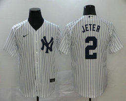 Nike New York Yankees #2 Derek Jeter White Stripe Game With Name Authentic Stitched MLB Jersey