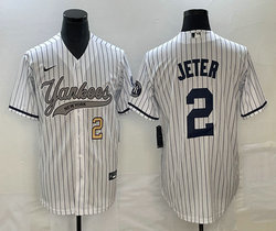 Nike New York Yankees #2 Derek Jeter White Stripe Joint Gold #2 on front Stitched MLB Jersey