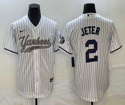 Nike New York Yankees #2 Derek Jeter White Stripe Joint Stitched MLB Jersey