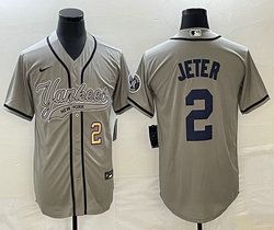 Nike New York Yankees #2 Derek Jeter grey Joint Gold #2 on front Stitched MLB Jersey