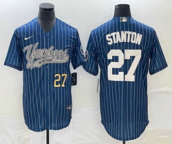 Nike New York Yankees #27 Giancarlo Stanton Blue Throwback Joint Gold #27 on front Stitched MLB Jersey