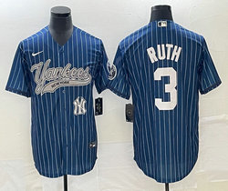 Nike New York Yankees #3 Babe Ruth Blue Throwback Joint Team Patch on front Stitched MLB Jersey