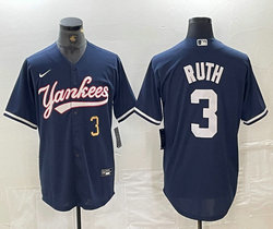 Nike New York Yankees #3 Babe Ruth Navy 2(II) Joint Gold 3 front Stitched MLB Jersey