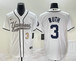 Nike New York Yankees #3 Babe Ruth White Gold #3 front Joint Authentic Stitched baseball jersey