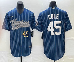 Nike New York Yankees #45 Gerrit Cole Blue Throwback Joint Gold #45 on front Stitched MLB Jersey