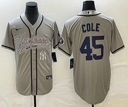 Nike New York Yankees #45 Gerrit Cole grey Joint Team Patch on front Stitched MLB Jersey