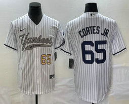 Nike New York Yankees #65 Nestor Cortes Jr. White Stripe Gold #65 front Joint Authentic Stitched baseball jersey