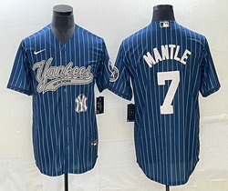 Nike New York Yankees #7 Mickey Mantle Blue Throwback Joint Team Patch on front Stitched MLB Jersey
