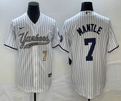 Nike New York Yankees #7 Mickey Mantle White Stripe Joint Gold #7 on front Stitched MLB Jersey