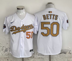 Nike Los Angeles Dodgers #50 Mookie Betts White Champions Gold Name Jersey