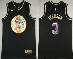 Nike Philadelphia 76ers #3 Allen Iverson Black Gold masonry 75th anniversary With Advertising Authentic Stitched NBA jersey