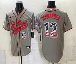 Nike Philadelphia Phillies #12 Kyle Schwarber Gray 12 front 250 Fourth Of July Stadium Jersey