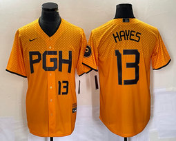 Nike Pittsburgh Pirates #13 KeBryan Hayes Gold City Black 13 in front Game Authentic stitched MLB jersey