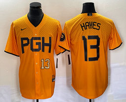 Nike Pittsburgh Pirates #13 KeBryan Hayes Gold City Gold 13 in front Game Authentic stitched MLB jersey