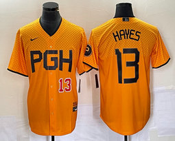 Nike Pittsburgh Pirates #13 KeBryan Hayes Gold City Red 13 in front Game Authentic stitched MLB jersey