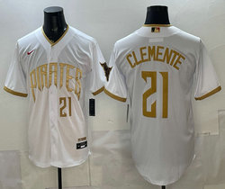 Nike Pittsburgh Pirates #21 Roberto Clemente White Gold Name City MLB jersey