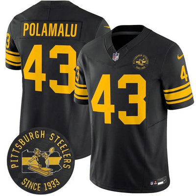 Nike Pittsburgh Steelers #43 Troy Polamalu Black Gold Name With Since 1933 Patch Authentic Stitched NFL Jersey