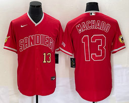 Nike San Diego Padres #13 Manny Machado Red Gold 23 on front Joint Authentic Stitched baseball jersey