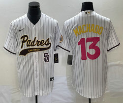 Nike San Diego Padres #13 Manny Machado White Stripe Team Logo on front Joint Authentic Stitched baseball jersey
