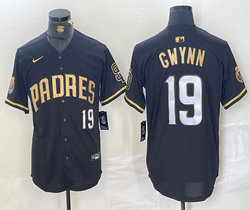 Nike San Diego Padres #19 Tony Gwynn Black Gold Name Authentic Stitched MLB Jersey