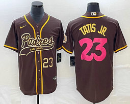 Nike San Diego Padres #23 Fernando Tatis Jr Brown Joint Gold 23 on front Game Authentic Stitched MLB Jersey