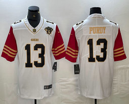 Nike San Francisco 49ers #13 Brock Purdy White Throwback Gold Name 75th anniversary Jersey