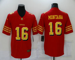 Nike San Francisco 49ers #16 Joe Montana Red Gold name Authentic Stitched NFL Jersey