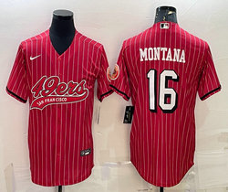 Nike San Francisco 49ers #16 Joe Montana Red Stripe Joint Big Logo Authentic Stitched baseball jersey