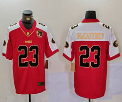Nike San Francisco 49ers #23 Christian McCaffrey Red Thanksgiving Gold Name With 75th patch Authentic stitched NFL jersey
