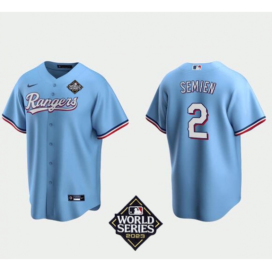 Nike Texas Rangers #2 Marcus Semien Light Blue 2023 World Series Game Rangers Authentic Stitched MLB Jersey