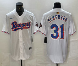 Nike Texas Rangers #31 Max Scherzer White Champions Gold name Authentic Stitched MLB Jersey