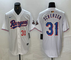 Nike Texas Rangers #31 Max Scherzer White Champions Gold name Red 31 front Authentic Stitched MLB Jersey