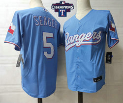 Nike Texas Rangers #5 Corey Seager Light Blue 2023 World Series Champions Patch Game Authentic Stitched MLB Jersey