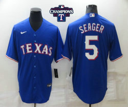 Nike Texas Rangers #5 Corey Seager Light Blue Texas 2023 World Series Champions Patch Game Authentic Stitched MLB Jersey