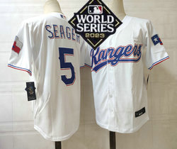Nike Texas Rangers #5 Corey Seager White 2023 World Series Game Stitched Baseball Jersey