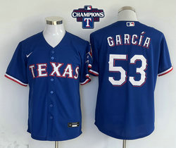 Nike Texas Rangers #53 Adolis Garcia Blue 2023 World Series Champions Patch Game Texas Authentic Stitched MLB Jersey