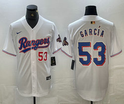 Nike Texas Rangers #53 Adolis Garcia White Champions Gold name Red 53 on front Game Authentic Stitched MLB Jersey