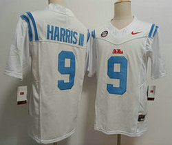 Ole Miss Rebels 9 Tre Harris III White Blue number Authentic Stitched NCAA Jersey