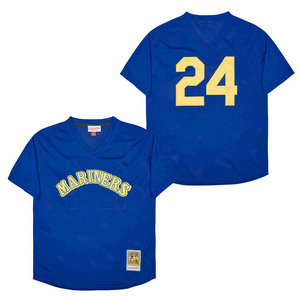 Seattle Mariners #24 Ken Griffey Blue Gold number Throwback Authentic Stitched MLB jersey
