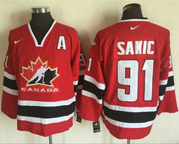 Team Canada #91 Joe Sakic Red Black 2002 Olympic Nike Throwback Stitched NHL Jersey