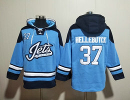 Winnipeg Jets #37 Connor Hellebuyck Blue All Stitched Hooded Sweatshirt