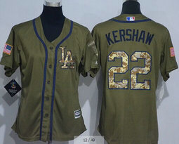 Women's Los Angeles Dodgers #22 Clayton Kershaw Authentic Green Salute to Service MLB Jersey