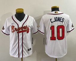 Women's Nike Atlanta Braves #10 Chipper Jones White Gold Red number Champions Authentic Stitched MLB Jersey