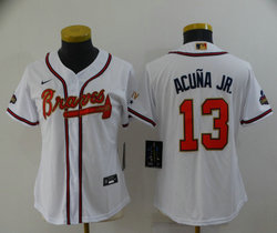 Women's Nike Atlanta Braves #13 Ronald Acuna Jr White Gold Red number Champions Game Authentic Stitched MLB Jersey
