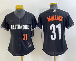 Women's Nike Baltimore Orioles #31 Cedric Mullins Black 2023 City Red 31 on front Authentic Stitched MLB Jersey