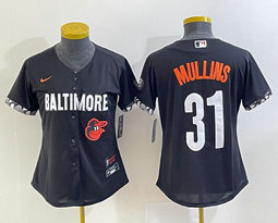 Women's Nike Baltimore Orioles #31 Cedric Mullins Black 2023 City Team Logo on front Authentic Stitched MLB Jersey