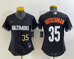 Women's Nike Baltimore Orioles #35 Adley Rutschman Black 2023 City Gold 35 on front Authentic Stitched MLB Jersey